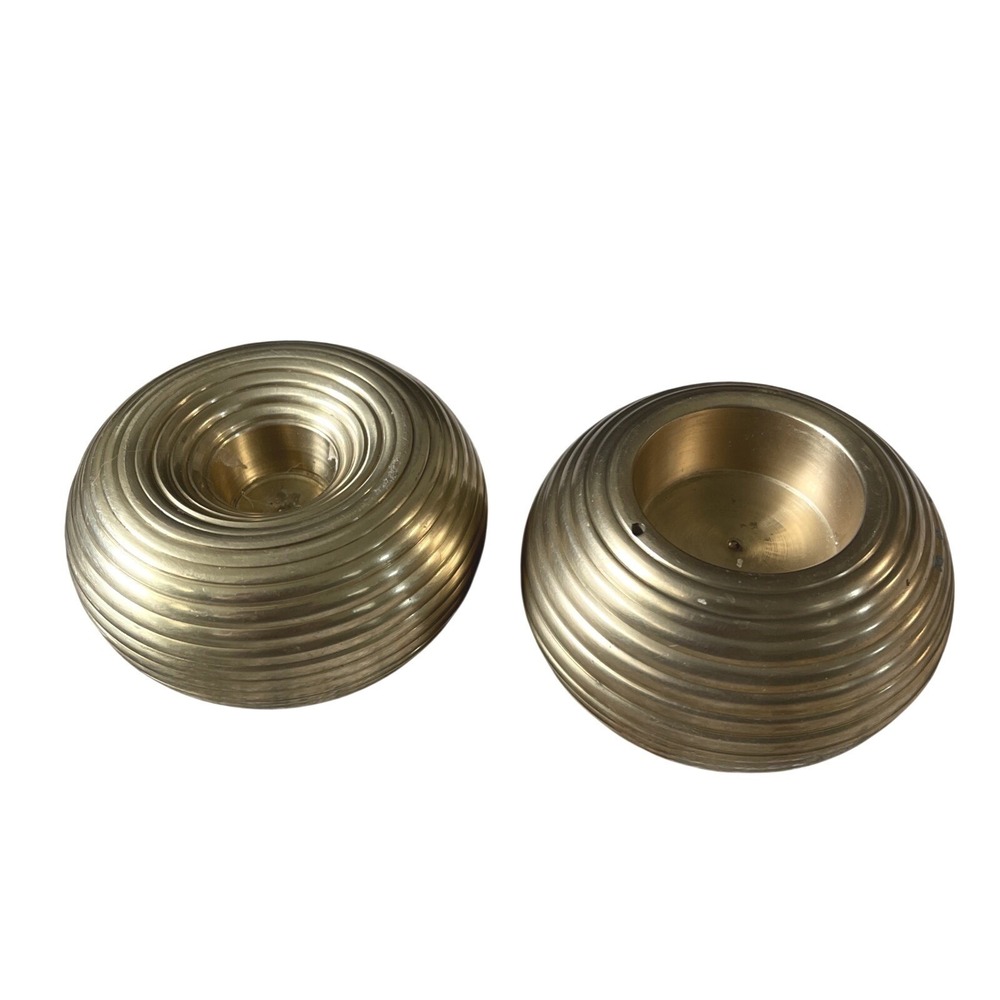 VTG Pair MCM Ribbed Beehive Brass Candle Stick Holders Tea Light 3.25"